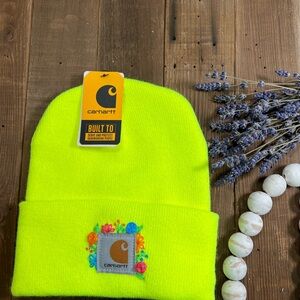 Carhartt Adult size Bright Yellow Beanie with hand embroidered flowers